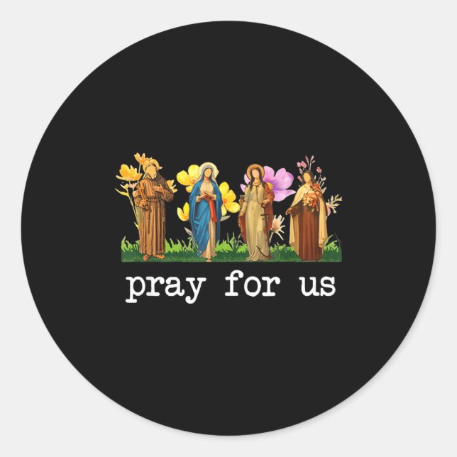 Sticker Rond Catholic Saints Pray For Us Floral Religious Faith (Devant)
