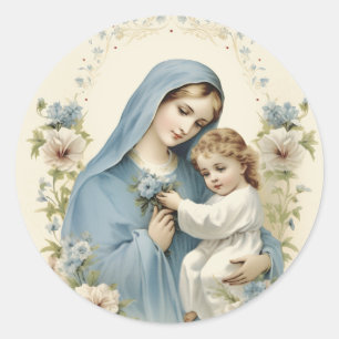 Sticker Rond Catholic Vierge à l'Enfant Floral Vintage