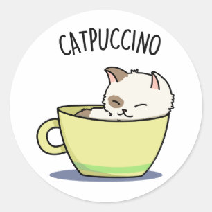 Sticker Rond Catpuccino Chat Drôle de Chat Dans Tasse Jeu de Mo
