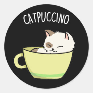 Sticker Rond Catpuccino Funny Kitty Chat En Pun De Coupe