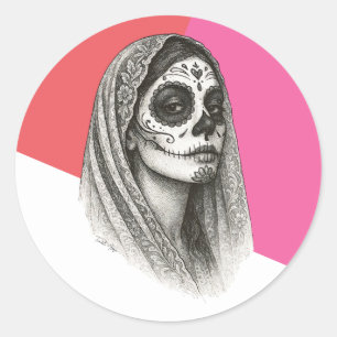 Sticker Rond Catrina mexicaine avec Rose et Veil Dia de muertos