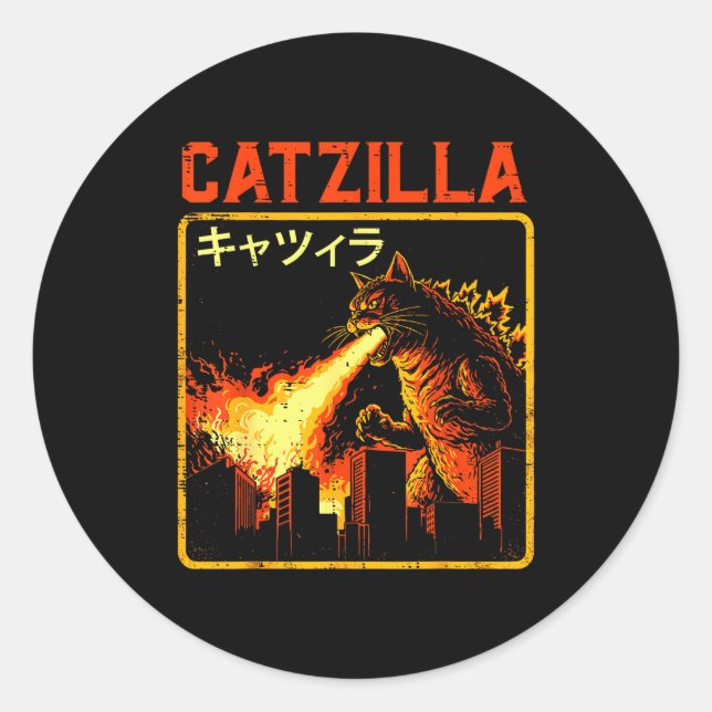 Sticker Rond Catzilla Cat Monster Funny Japanese Parody Women M (Devant)