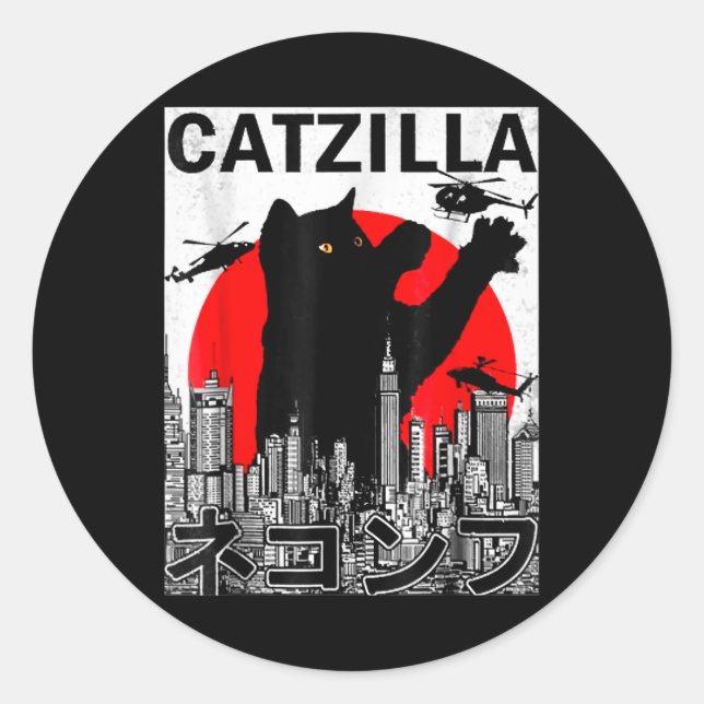 Sticker Rond Catzilla Cute Art Japonais Chat Stuff pour Amoureu (Devant)