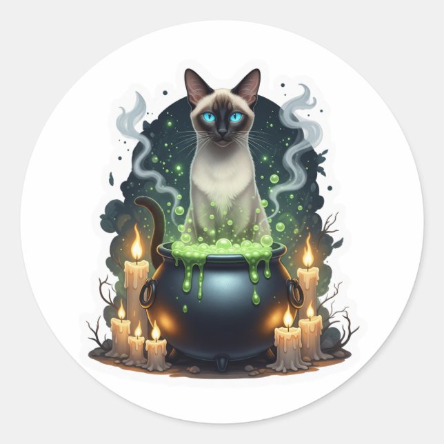 Sticker Rond Cauldron Siamese - Chat Siamese Magique (Devant)