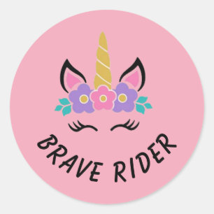 Sticker Rond Cavalier Brave Licorne Rose