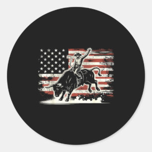 Sticker Rond Cavalier de Rodéo Taureau Patriotique Cowboy Drape