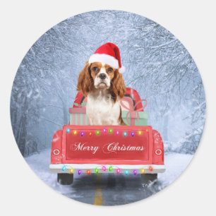Sticker Rond Cavalier King Charles Spaniel Chien neige noël