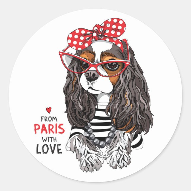 Sticker Rond Cavalier King Charles Spaniel De Paris Avec Amour (Devant)