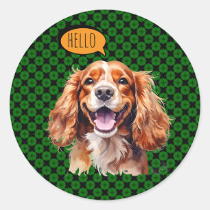 Sticker Rond Cavalier King Charles Spaniel joyeux en aquarelle