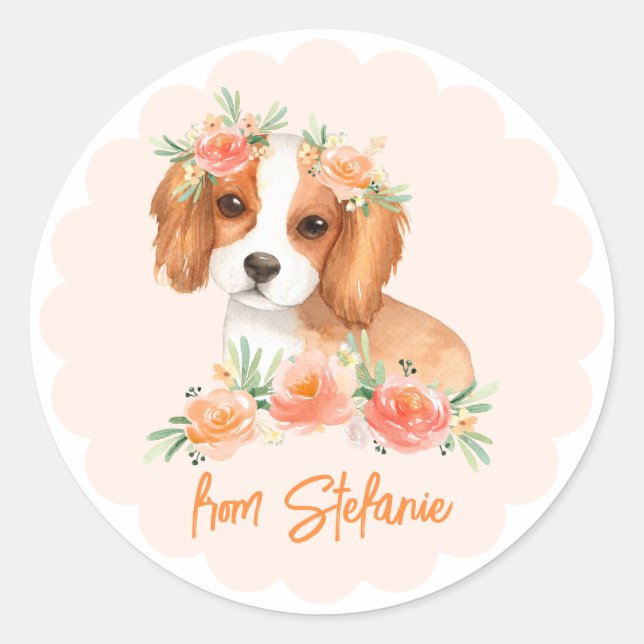 Sticker Rond Cavalier King Charles Spaniel Peach Anniversaire (Devant)