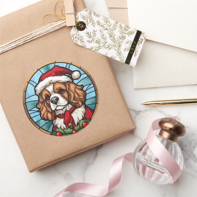 Sticker Rond Cavalier King Charles Spaniel Verre Noël (Cadeaux)