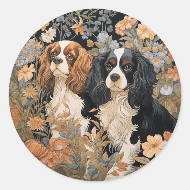 Sticker Rond Cavalier King Charles Spaniels Tapisserie Style (Devant)