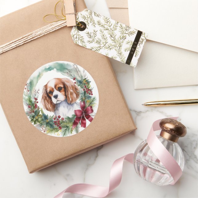 Sticker Rond Cavalier King Christmas Wreath Festive Pup (Cadeaux)