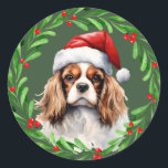 Sticker Rond Cavalier King Spaniel Christmas Chien Mailing<br><div class="desc">sticker de Noël de Noël avec une aquarelle Cavalier King Charles Spaniel et aquarelle conception de couronne de Noël sur le devant. Parfait avec la carte de Noël Cavie et les étiquettes d'adresse de retour!</div>