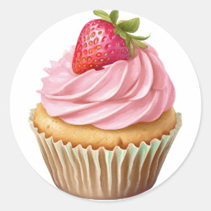 Sticker Rond Ccupcake à la crème rose avec baies anniversaire