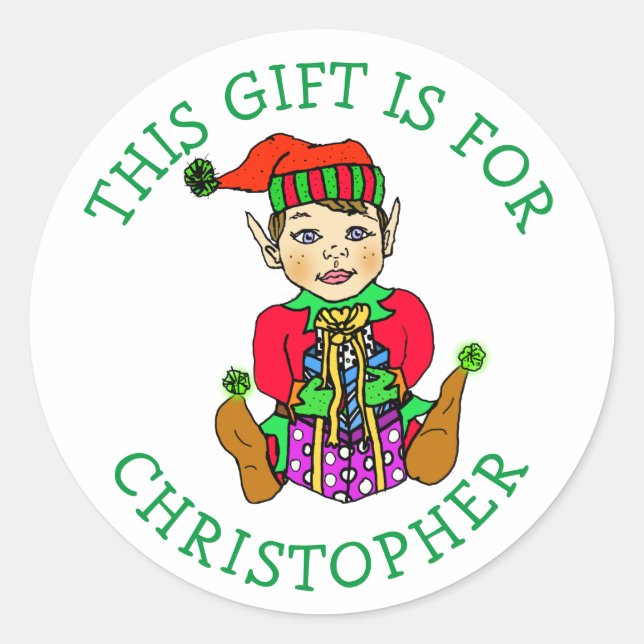 Sticker Rond Ce cadeau est pour, petit elfe avec cadeau (Devant)