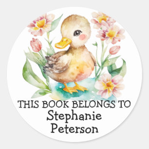 Sticker Rond Ce Livre Appartient À - Aquarelle Bébé Canard