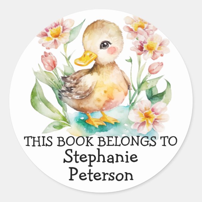Sticker Rond Ce Livre Appartient À - Aquarelle Bébé Canard (Devant)