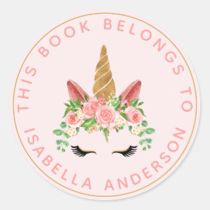 Sticker Rond Ce Livre Appartient À Pink Unicorn Bookplate