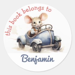 Sticker Rond Ce livre appartient à - Souris mignonne dans une v