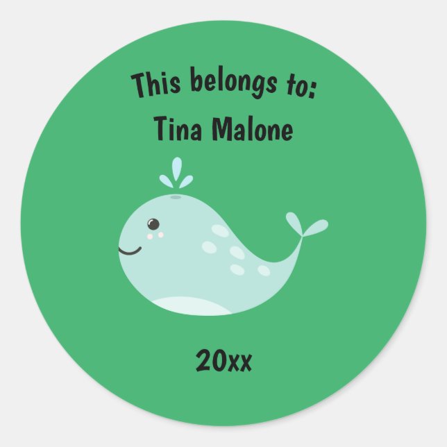 Sticker Rond Cela appartient à Retour à l'école Baleine verte (Devant)