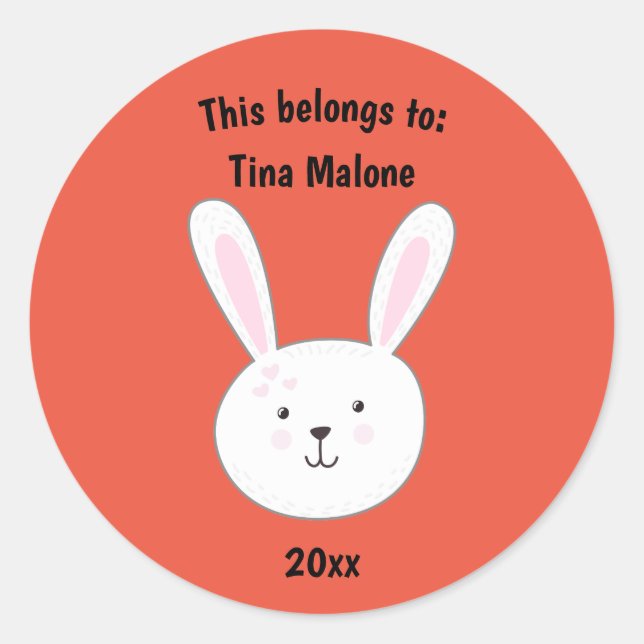 Sticker Rond Cela appartient au nom Bunny Rabbit Red School (Devant)