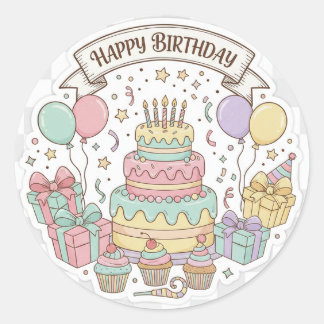Sticker Rond Célébration d'anniversaire ultime : gâteau, cadeau