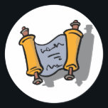 Sticker Rond Célébration de la fête juive de Hanoukka Torah<br><div class="desc">ajoutez une touche de fête à vos célébrations de vacances avec cet autocollant de parchemin de Hanoukka dessiné à la main. parfait pour sceller des enveloppes, décorer des faveurs de fête ou étiqueter des cadeaux pendant le festival des lumières. ce graphique religieux mignon présente un design de Torah jaune doré...</div>