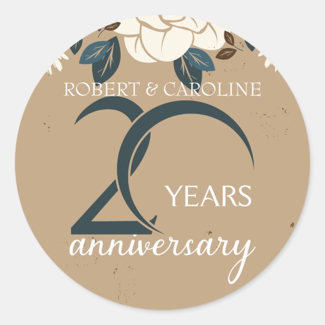 Sticker Rond Célébration Personnalisée Fleurie du 20e Anniversa (Devant)