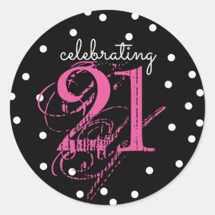 Sticker Rond Célébrer 21 - 21e anniversaire Rose Noir Blanc