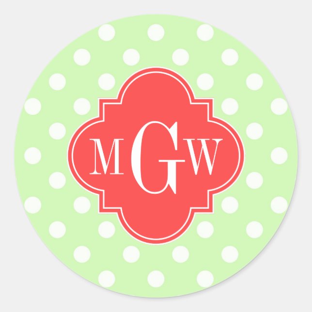 Sticker Rond Celery Polka Dot Coral Red Quatrefoil 3 Monogramme (Devant)