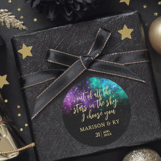 Sticker Rond Céleste Nuit Sky Space Nebula Gold Star Mariage