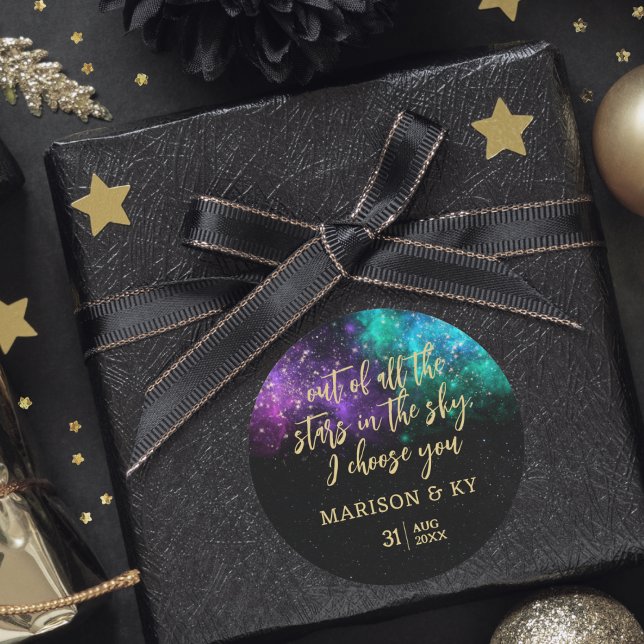 Sticker Rond Céleste Nuit Sky Space Nebula Gold Star Mariage (Créateur téléchargé)