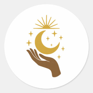 Sticker Rond Celestial Hand Holding the Moon – Minimal Cosmic D
