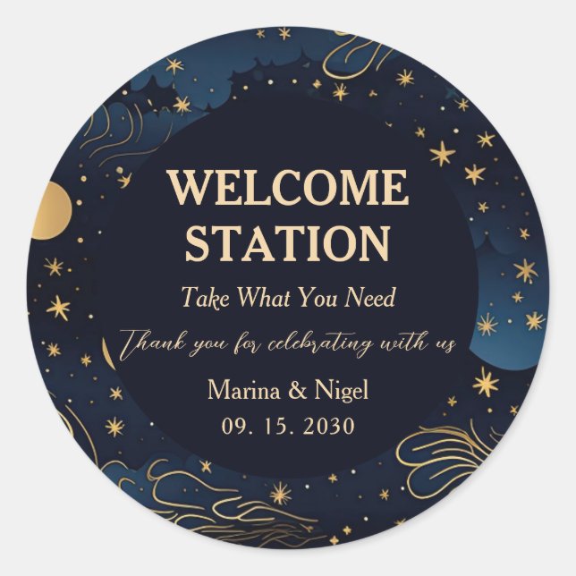 Sticker Rond Celestial Navy Gold Wedding Welcome Station (Devant)