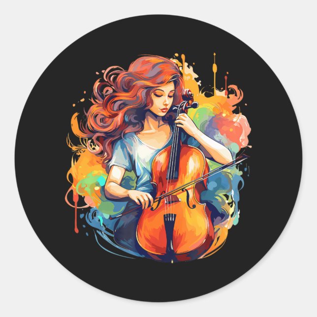Sticker Rond Cellist-Musicien Cello-Player-Musique-Instrument (Devant)