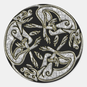 Sticker Rond Celtic dogs traditionnel ornament gold and silver