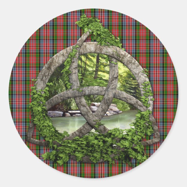 Sticker Rond Celtic Trinity Knot Et Clan MacPherson Tartan (Devant)