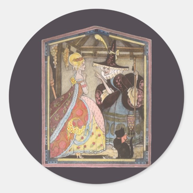 Sticker Rond Cendrillon et Marraine Fée, Conte de Fées Vintage (Devant)