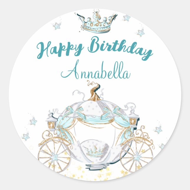 Sticker Rond Cendrillon turquoise et or Princesse Carriage (Devant)