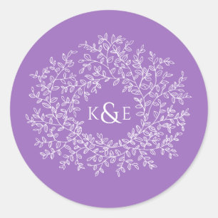 Sticker Rond Cercle d'art blanc feuille mariage violet monogram