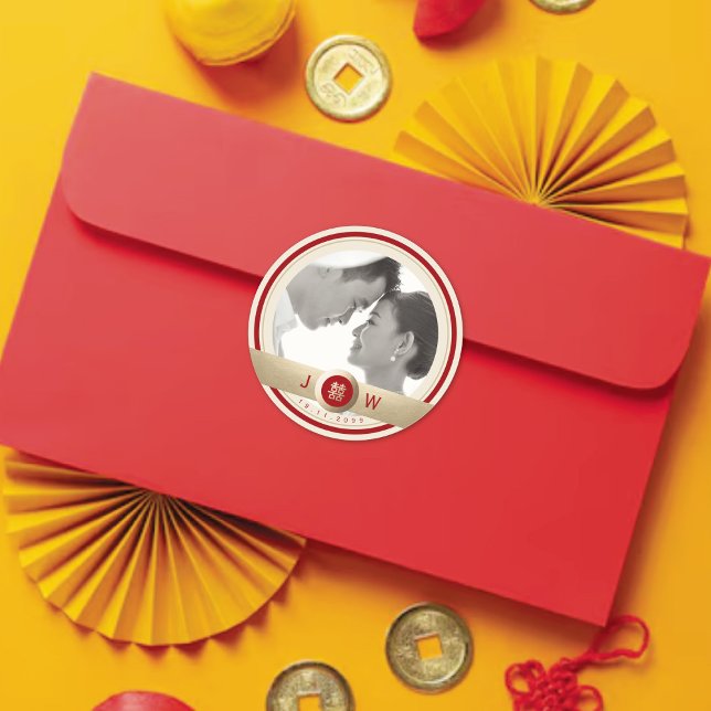 Sticker Rond Cercle Double Bonheur Chic Mariage chinois Photo (Red/Gold Double Happiness Modern Chinese Wedding Photo Classic Round Sticker @ fatfatin_red_knot)