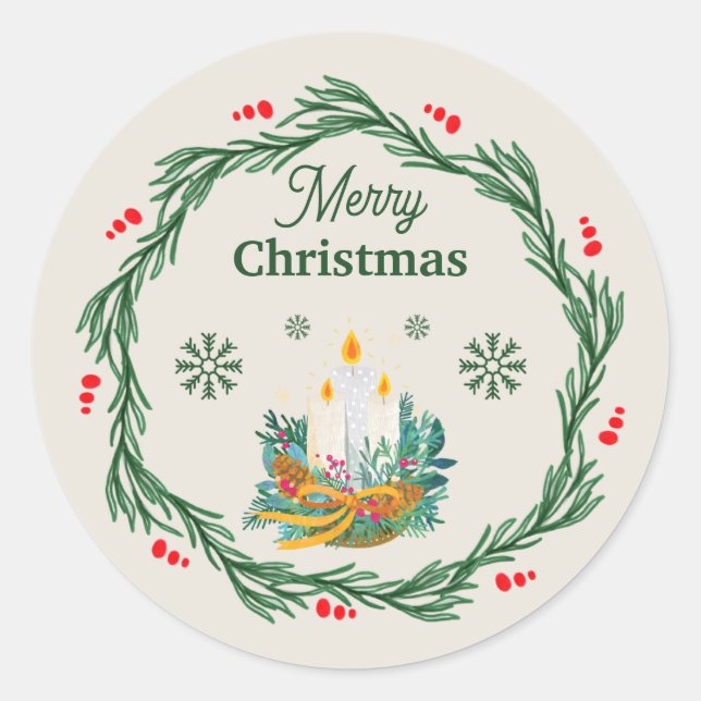 Sticker Rond Cercle Joyeux Noël Crème et Vert (Devant)