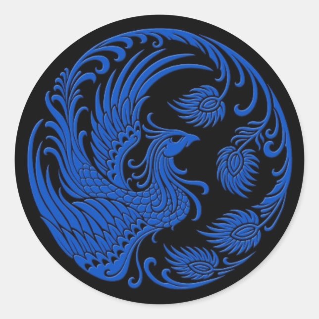 Sticker Rond Cercle Phoenix Bleu Traditionnel sur Noir (Devant)