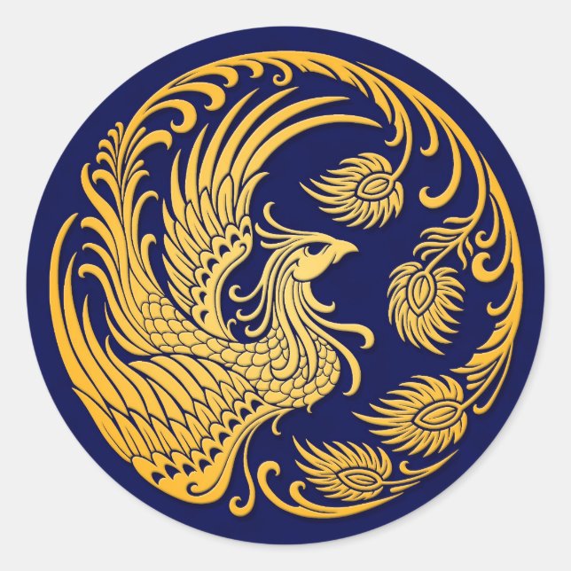 Sticker Rond Cercle Phoenix Jaune Traditionnel sur Bleu (Devant)