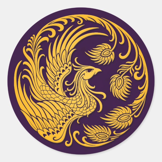 Sticker Rond Cercle traditionnel de Phoenix Jaune sur violet (Devant)