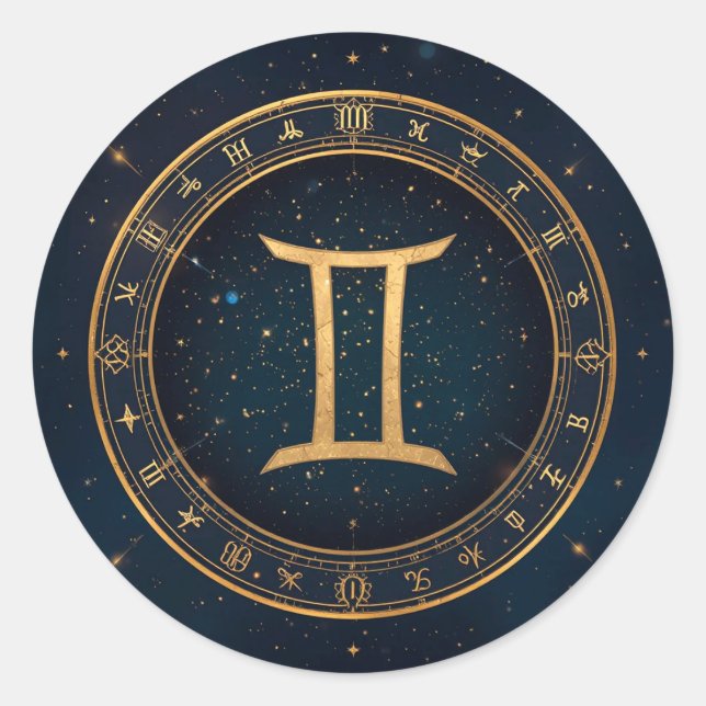 Sticker Rond Cercle Zodiacal Gémeaux Dorés avec Nuit Étoilée (Devant)