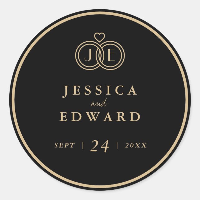 Sticker Rond Cercles de Monogramme Mariage de luxe Black Gold (Devant)