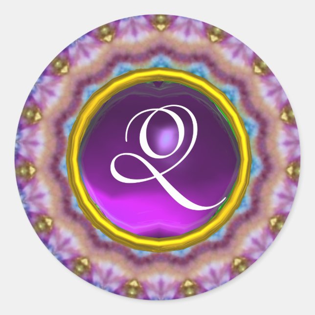 Sticker Rond CERCLES PSYCHÉDÉLIQUES MONOGRAS bleu violet rose (Devant)