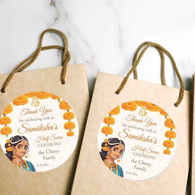 Sticker Rond Cérémonie de la demi-Saree mignonne fille indienne (Half Saree Ceremony favor gift stickers cute Indian girl with marigolds yellow Ganesha)